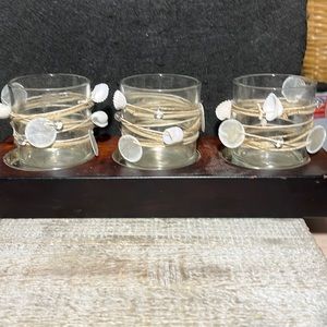 CAPIZ TEALIGHT CENTERPIECE Shell Tealight Candle Glass Holder Set of 3 WOOD BASE